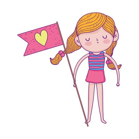happy childrens day, little girl with flag love heart cartoon vector illustrationのイラスト素材