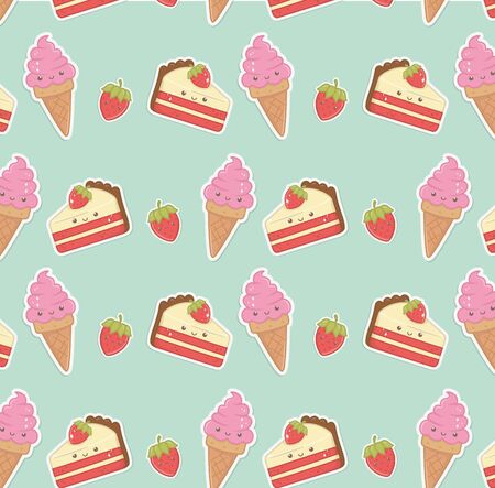 delicious and sweet products kawaii characters pattern vector illustration designのイラスト素材