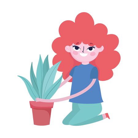 young woman on knees with potted plant decorationのイラスト素材