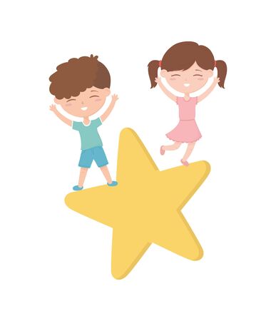 happy childrens day, little boy and girl playing in star cartoonのイラスト素材