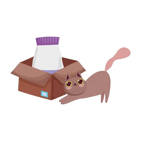 brown cat with food package in cardboard box petsのイラスト素材