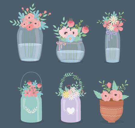 flowers and leafs decoration in differents containersのイラスト素材