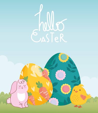 happy easter cute rabbit and chicken with painted egg decoration with flowers and carrots vector illustrationのイラスト素材
