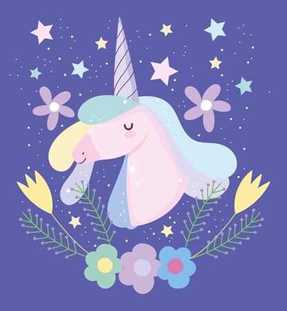 unicorn colored hair stars flowers fantasy magic cute cartoon vector illustrationのイラスト素材