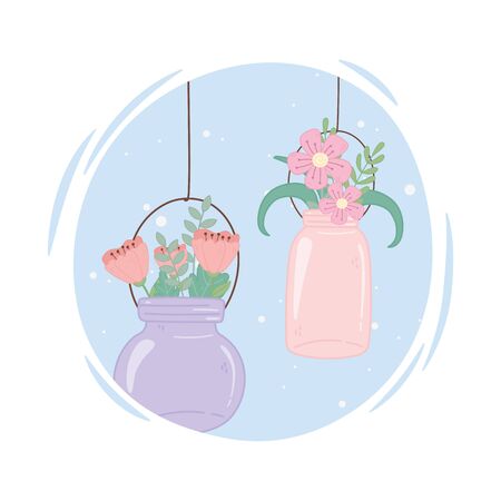 mason jars glass with flowers hanging decoration rustic vector illustrationのイラスト素材