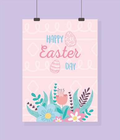 happy easter hanging poster flowers foliage lettering vector illustrationのイラスト素材