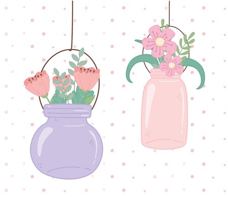 mason jars glass hanging flowers decoration dots background vector illustrationのイラスト素材