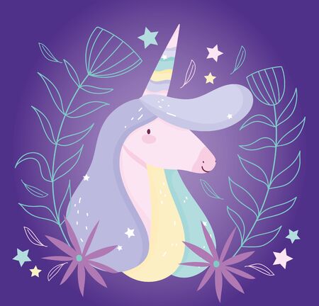 unicorn flowers floral decoration fantasy magic cute cartoon vector illustrationのイラスト素材
