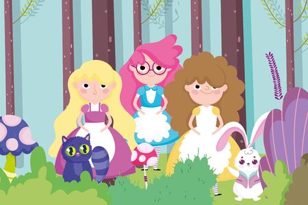 cute girls rabbit cat forest nature foliage, children character vector illustrationのイラスト素材