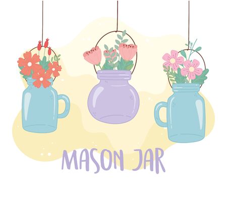 hanging mason jars glass with flowers foliage leaves decoration vector illustrationのイラスト素材