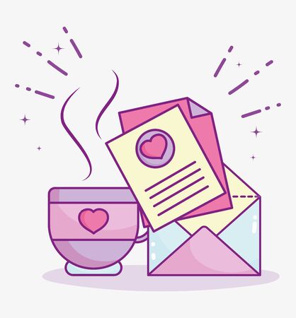 happy valentines day, message letter coffee cup romantic celebration vector illustrationのイラスト素材