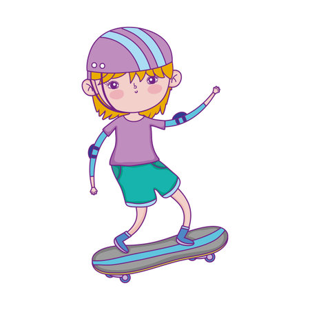 little boy riding skateboard with protection equipment cartoon vector illustrationのイラスト素材