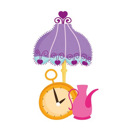 wonderland, clock lamp teapot cartoon decoration vector illustrationのイラスト素材