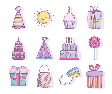 happy birthday celebration party decoration cakes gifts hat candy icons vector illustrationのイラスト素材