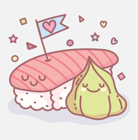 sushi and wasabi love menu restaurant cartoon food cute vector illustrationのイラスト素材