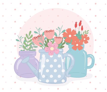 mason jars and watering can flowers petal leaves decoration vector illustrationのイラスト素材