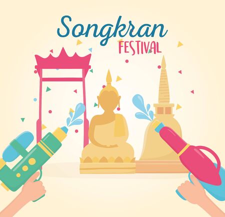 songkran festival hands with water guns landmark thailand vector illustrationのイラスト素材