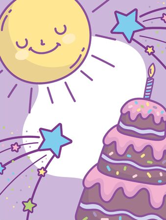 happy birthday chocolate cake stars sun cartoon celebration party vector illustrationのイラスト素材