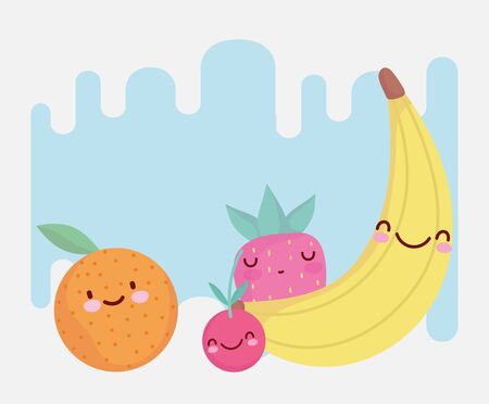 banana orange and strawberry menu character cartoon food cute vector illustrationのイラスト素材