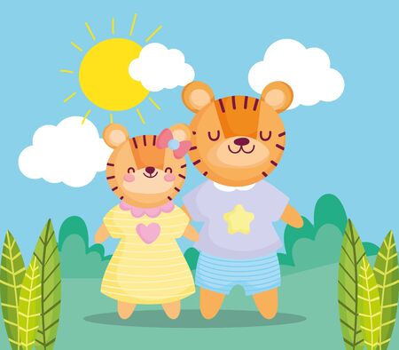 back to school, cute tigers kids with clothes in outdoorのイラスト素材