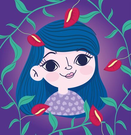 cute girl flowers branch foliage botanyのイラスト素材