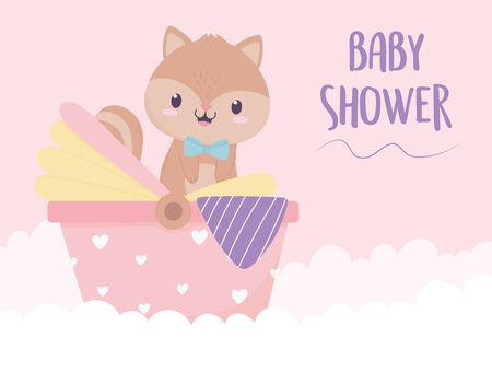 baby shower squirrel in baby carriage card cartoon decoration vector illustrationのイラスト素材