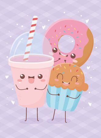 donut cupcake and soda kawaii food cartoon character design vector illustrationのイラスト素材