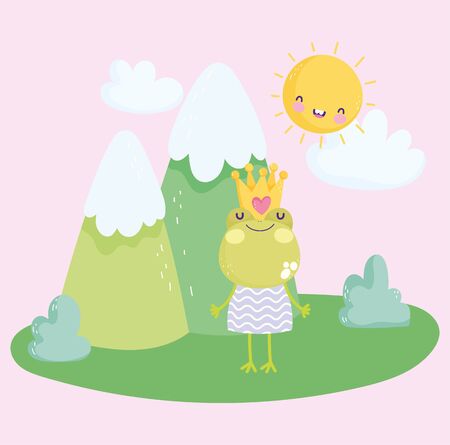 little frog with crown and dress mountains nature cartoon cute vector illustrationのイラスト素材