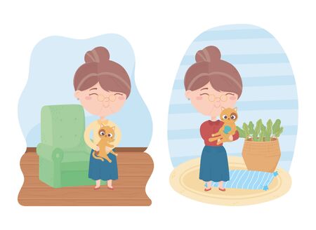 cats make me happy, women with cat ball and carrying kittenのイラスト素材