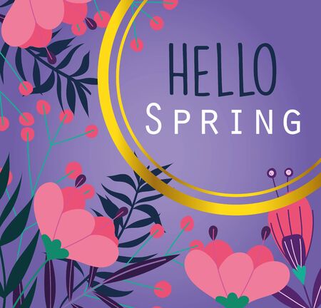 hello spring, lettering beautiful flowers leaves purple backgroundのイラスト素材