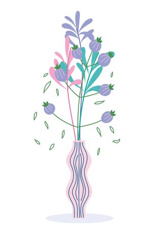 delicate flowers in vase leaves decoration botany vector illustrationのイラスト素材