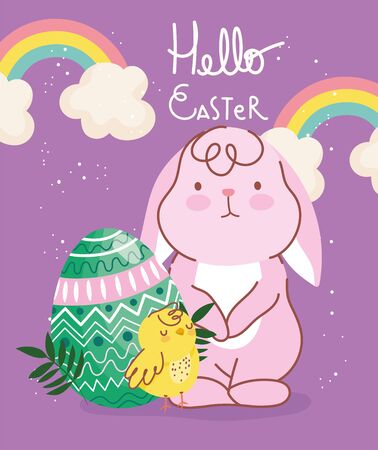 happy easter cute rabbit chicken green egg leaves rainbow decorationのイラスト素材