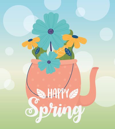 hello spring teapot with flowers foliage decoration blurred background vector illustrationのイラスト素材