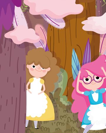 cute girls in the forest foliage cartoon, children character vector illustrationのイラスト素材