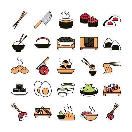 sushi oriental menu icons set vector illustration line and fill style iconのイラスト素材