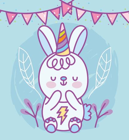 bunny with party hat flags leaves decoration cartoon vector illustrationのイラスト素材