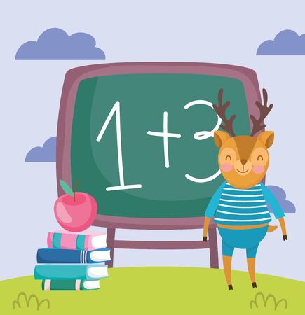 back to school, cute deer chalkboard apple on booksのイラスト素材