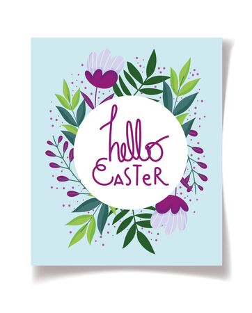 hello easter inscription foliage flowers decoration badgeのイラスト素材