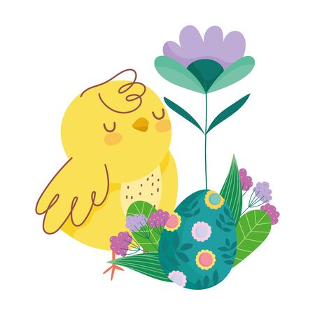 happy easter cute chicken with egg decorated with flowers leavesのイラスト素材