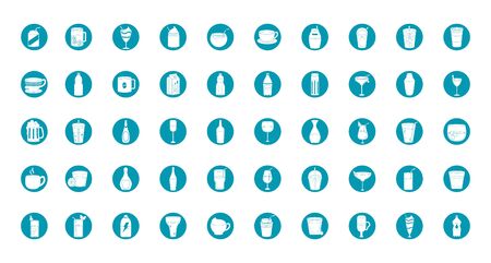drinks beverage glass cups bottle alcoholic liquor icons set blue block style iconのイラスト素材
