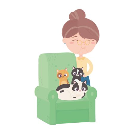 cats make me happy, old woman with cats playing ball of wool in sofa vector illustrationのイラスト素材
