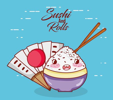 rice in bowl sticks food japanese cartoon, sushi and rolls rice in bowl sticks food japanese cartoon, sushi and rolls