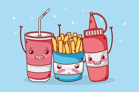 fast food cute french fries tomato sauce and plastic cup cartoon vector illustrationのイラスト素材