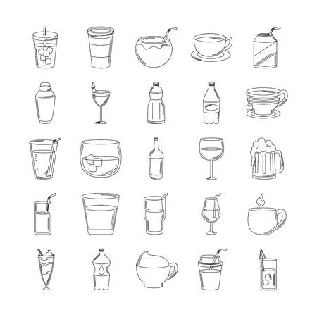 drinks beverage glass cups bottle alcoholic liquor icons set vector illustration line style iconのイラスト素材