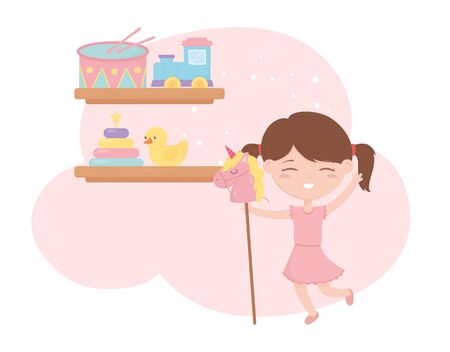 kids zone, cute little girl horse stick and shelf with toysのイラスト素材