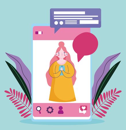 young woman with smartphone texting chatting cartoon vector illustrationのイラスト素材