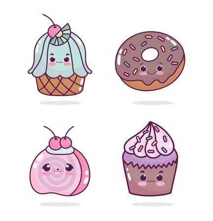 food cute dessert cupcakes fruit donut cartoon icons vector illustrationのイラスト素材