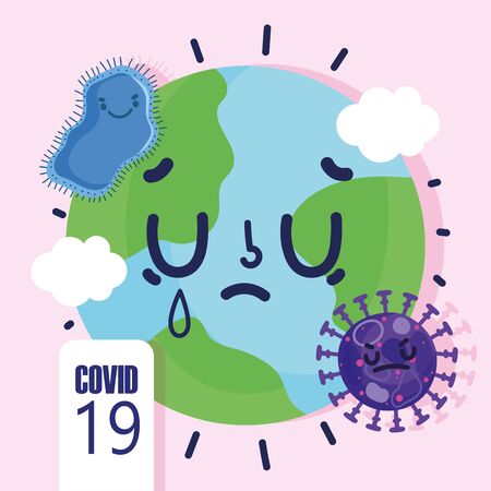 virus covid 19 pandemic, cartoon sick world crying vector illustrationのイラスト素材