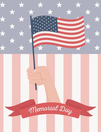 happy memorial day, hand waving flag symbol american celebration vector illustrationのイラスト素材