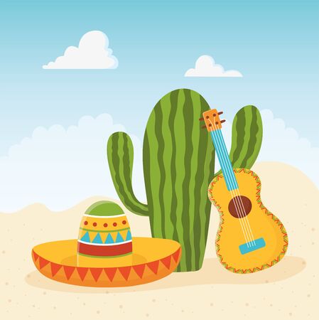 cinco de mayo guitar cactus and hat mexican celebration vector illustrationのイラスト素材